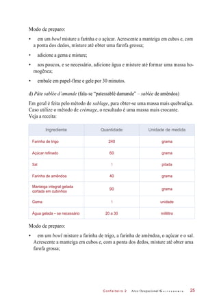 C onf eiteir o 2
Modo de preparo:
• em um bowl misture a farinha e o açúcar. Acrescente a manteiga em cubos e, com
a ponta dos dedos, misture até obter uma farofa grossa;
• adicione a gema e misture;
• aos poucos, e se necessário, adicione água e misture até formar uma massa ho-
mogênea;
• embale em papel-flme e gele por 30 minutos.
d) Pâte sablée d’amande (fala-se “patessablê damande” – sablée de amêndoa)
Em geral é feita pelo método de sablage, para obter-se uma massa mais quebradiça.
Caso utilize o método de crémage, o resultado é uma massa mais crocante.
Veja a receita:
Modo de preparo:
• em um bowl misture a farinha de trigo, a farinha de amêndoa, o açúcar e o sal.
Acrescente a manteiga em cubos e, com a ponta dos dedos, misture até obter uma
farofa grossa;
Arco Ocupacional G a s t r o n o m i a 25
Ingrediente Quantidade Unidade de medida
Farinha de trigo 240 grama
Açúcar refinado 60 grama
Sal 1 pitada
Farinha de amêndoa 40 grama
Manteiga integral gelada
cortada em cubinhos
90 grama
Gema 1 unidade
Água gelada – se necessário 20 a 30 mililitro
 