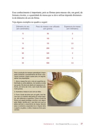 no mínimo,
C onf eiteir o 2
Esse conhecimento é importante, pois as fôrmas para massas são, em geral, de
formato circular, e a quantidade de massa que se deve utilizar depende diretamen-
te do diâmetro do aro da fôrma.
Veja alguns exemplos no quadro a seguir:
Para a produção de massas quebradiças é impor-
tante conhecer o procedimento de forrar o aro.
Vamos conhecer o passo a passo para, em seguida,
aplicar nas preparações.
30 minutos.
1. Abra a massa fria com o rolo em superfície en-
farinhada ou entre plásticos, de maneira a evitar
que grude. Ela deve ser aberta em espessura uni-
forme, em torno de 3 mm, nem muito fina nem
muito grossa.
2. Acomode a massa no aro com as mãos.
3. Fure o fundo da torta com um garfo. Isso faz
com que o ar inserido nela tenha por onde evapo-
rar, sem deformar a superfície. Cubra o fundo da
fôrma com papel-manteiga e encha-o com algum
grão (feijão, lentilha etc.); isso fará com que os
grãos oprimam o crescimento da massa, fazendo
peso e contendo a expansão do ar. Depois retire
o papel e os grãos, e volte a massa ao forno para
concluir.
Arco Ocupacional G a s t r o n o m i a 27
Diâmetro do aro
(em centímetro)
Peso da massa a ser utilizada
(em grama)
Espessura da massa
(em milímetro)
10 50 2
14 100 2
18 150 2,5
20 200 2,5
26 320 3
30 400 3
34 500 3,5
4. Leve à geladeira por,
©FoodPhotographyEising/Keystone
 