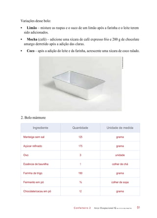 C onf eiteir o 2
Variações desse bolo:
• Limão – misture as raspas e o suco de um limão após a farinha e o leite terem
sido adicionados.
• Mocha (café) – adicione uma xícara de café expresso frio e 200 g de chocolate
amargo derretido após a adição das claras.
• Coco – após a adição do leite e da farinha, acrescente uma xícara de coco ralado.
2. Bolo mármore
Arco Ocupacional G a s t r o n o m i a 51
Ingrediente Quantidade Unidade de medida
Manteiga sem sal 125 grama
Açúcar refinado 175 grama
Ovo 3 unidade
Essência de baunilha 1 colher de chá
Farinha de trigo 190 grama
Fermento em pó ¾ colher de sopa
Chocolate/cacau em pó 12 grama
©Stockfood/Latinstock
 