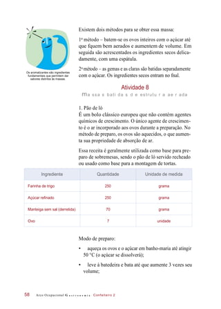 Existem dois métodos para se obter essa massa:
1 método – batem-se os ovos inteiros com o açúcar até
que fquem bem aerados e aumentem de volume. Em
seguida são acrescentados os ingredientes secos delica-
damente, com uma espátula.
Os aromatizantes são ingredientes
fundamentais que permitem dar
sabores distintos às massas.
2 método – as gemas e as claras são batidas separadamente
com o açúcar. Os ingredientes secos entram no fnal.
Atividade 8
ma ssa s bati da s d e estrutu r a ae r ada
1. Pão de ló
É um bolo clássico europeu que não contém agentes
químicos de crescimento. O único agente de crescimen-
to é o ar incorporado aos ovos durante a preparação. No
método de preparo, os ovos são aquecidos, o que aumen-
ta sua propriedade de absorção de ar.
Essa receita é geralmente utilizada como base para pre-
paro de sobremesas, sendo o pão de ló servido recheado
ou usado como base para a montagem de tortas.
Modo de preparo:
• aqueça os ovos e o açúcar em banho-maria até atingir
50 °C (o açúcar se dissolverá);
• leve à batedeira e bata até que aumente 3 vezes seu
volume;
Arco Ocupacional G a s t r o n o m i a Confeiteiro 258
o
o
Ingrediente Quantidade Unidade de medida
Farinha de trigo 250 grama
Açúcar refinado 250 grama
Manteiga sem sal (derretida) 70 grama
Ovo 7 unidade
 