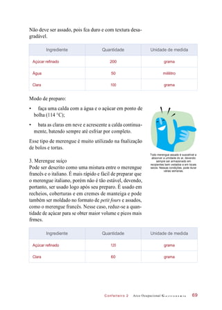 C onf eiteir o 2
Não deve ser assado, pois fca duro e com textura desa-
gradável.
Modo de preparo:
• faça uma calda com a água e o açúcar em ponto de
bolha (114 °C);
• bata as claras em neve e acrescente a calda continua-
mente, batendo sempre até esfriar por completo.
Esse tipo de merengue é muito utilizado na fnalização
de bolos e tortas.
3. Merengue suíço
Pode ser descrito como uma mistura entre o merengue
francês e o italiano. É mais rápido e fácil de preparar que
o merengue italiano, porém não é tão estável, devendo,
portanto, ser usado logo após seu preparo. É usado em
recheios, coberturas e em cremes de manteiga e pode
também ser moldado no formato de petit fours e assados,
como o merengue francês. Nesse caso, reduz-se a quan-
tidade de açúcar para se obter maior volume e picos mais
frmes.
Todo merengue assado é suscetível a
absorver a umidade do ar, devendo
sempre ser armazenado em
recipientes bem vedados e em locais
secos. Nessas condições, pode durar
várias semanas.
Arco Ocupacional G a s t r o n o m i a 69
Ingrediente Quantidade Unidade de medida
Açúcar refinado 200 grama
Água 50 mililitro
Clara 100 grama
Ingrediente Quantidade Unidade de medida
Açúcar refinado 120 grama
Clara 60 grama
 