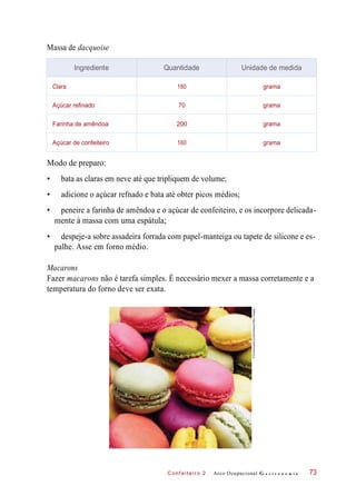 C onf eiteir o 2
Massa de dacquoise
Modo de preparo:
• bata as claras em neve até que tripliquem de volume;
• adicione o açúcar refnado e bata até obter picos médios;
• peneire a farinha de amêndoa e o açúcar de confeiteiro, e os incorpore delicada-
mente à massa com uma espátula;
• despeje-a sobre assadeira forrada com papel-manteiga ou tapete de silicone e es-
palhe. Asse em forno médio.
Macarons
Fazer macarons não é tarefa simples. É necessário mexer a massa corretamente e a
temperatura do forno deve ser exata.
Arco Ocupacional G a s t r o n o m i a 73
Ingrediente Quantidade Unidade de medida
Clara 180 grama
Açúcar refinado 70 grama
Farinha de amêndoa 200 grama
Açúcar de confeiteiro 160 grama
©EmmanuelleGuillou/Alamy/OtherImages
 
