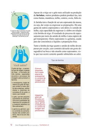 Apesar de o trigo ser o grão mais utilizado na produção
de farinhas, outros produtos podem produzi-las, tais
como batata, mandioca, milho, centeio, aveia, fubá etc.
É possível obter-se farinhas de quase
todos os grãos. Trataremos aqui
especificamente da farinha de trigo.
Você já ouviu falar de farinha de
maracujá? E da farinha de uva?
A farinha tem a função de ser um espessante da massa,
ou seja, dar corpo ou engrossar as preparações. Há uma
gama de outros espessantes e um deles é o amido de
milho, cuja capacidade de engrossar é o dobro em relação
à da farinha de trigo. O resultado do processo de espes-
samento por meio do amido de milho é uma espécie de
gel transparente. Outro espessante é a gelatina, usada
para dar consistência a líquidos e preparações frias.
Tanto a farinha de trigo quanto o amido de milho devem
passar por cocção, caso contrário deixarão um gosto de-
sagradável na boca e não atuarão como espessantes, vis-
to que isso ocorre somente quando submetidos ao calor.
Você sabia?
O grão de trigo – a semen-
te que dá origem à planta
do trigo – é formado de
três partes, separadas
durante o processo de
moagem para produzir a
farinha:
• o endosperma, órgão de
reserva do grão de trigo,
que contém a maior par-
te das proteínas, carboi-
dratos e vitaminas do
complexo B do grão; a
casca, que reveste
• o grão, que tem pequena
quantidade de proteínas,
uma boa quantidade de
vitaminas do complexo B
e material celulósico (a
fibra alimentar);
• o germe (ou gérmen), que
é o embrião da semente.
Quase não contém pro-
teína, mas é rico em vita-
minas.
Arco Ocupacional G a s t r o n o m i a Confeiteiro 212
Tipo de farinha
Comum
(preparada
com a parte
externa do
endosperma):
é o produto da
moagem com
peneiramento
©PiotrMalczyk/Alamy/OtherImages
Integral (os
grãos são
triturados em
sua totalidade:
casca, gérmen
e endosperma):
é o produto da
moagem sem
peneiramento
©MeikeBergmann/GettyImages
 