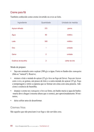 Creme para flã
Também conhecido como creme invertido ou ovos ao leite.
Modo de preparo:
• faça um caramelo com o açúcar (300 g) e a água. Forre os fundos dos ramequins
(fala-se “ramecã”). Reserve;
• misture o leite e metade do açúcar (35 g) e leve ao fogo até ferver. Faça um liaison
com o ovo, as gemas, um pouco de leite e a outra metade do açúcar (35 g). Faça
a temperagem e retire a espuma que se formar em cima com uma peneira. Adi-
cione a essência de baunilha;
• despeje o creme nos ramequins e leve ao forno, em banho-maria (a água do banho-
-maria deve chegar à mesma altura que o creme), por aproximadamente 30 mi-
nutos;
• deixe esfriar antes de desenformar.
Cremes frios
São aqueles que não precisam ir ao fogo e são servidos crus.
Arco Ocupacional G a s t r o n o m i a Confeiteiro 280
Ingrediente Quantidade Unidade de medida
Açúcar refinado 370 grama
Água 80 mililitro
Leite 300 mililitro
Ovo 1 unidade
Gema 2 unidade
Essência de baunilha 2 colher de chá
 