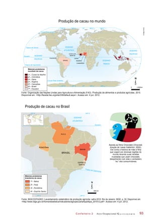 1º –
2º –
3º –
4º –
5º –
6º –
7º –
Produção de cacau no Brasil
Arco Ocupacional G a s t r o n o m i aC onf eiteir o 2
4º –
3º –
Produção de cacau no mundo
Círculo Polar Ártico
Trópico de Câncer
I N D O N É S I A
Trópico de Capricórnio
Maiores produtores
mundiais de cacau
- Costa do Marfim
- Indonésia
- Gana
- Nigéria
- Camarões
- Brasil
- Equador
Círculo Polar Antártico
Fonte: Organização das Nações Unidas para Agricultura e Alimentação (FAO). Produção de alimentos e produtos agrícolas, 2010.
Disponível em: <http://faostat.fao.org/site/339/default.aspx>. Acesso em: 4 jun. 2012.
Assista ao filme Chocolate (Chocolat,
direção de Lasse Hallström, 2000).
Ele conta a história de mãe e filha
que viajam por diversas regiões do
mundo levando suas receitas
inusitadas que usam chocolate,
despertando com elas o verdadeiro
“eu” dos consumidores.
Maiores produtores
brasileiros de cacau
- Rondônia
- Espírito Santo
Fonte: IBGE/CEPAGRO. Levantamento sistemático da produção agrícola: safra 2010. Rio de Janeiro: IBGE, p. 30. Disponível em:
<http://www.ibge.gov.br/home/estatistica/indicadores/agropecuaria/lspa/lspa_201012.pdf>. Acesso em: 4 jun. 2012.
93
OCEANO
ATLÂNTICO
Equador
40º O70º O
40º O70º O
BRASIL
BAHIA
ESPÍRITO
SANTO
PA R Á
RONDÔNIA
1º –- Bahia
2º –- Pará
0 496 km
Equador
OCEANO
ATLÂNTICO
OCEANO
PACÍFICO
OCEANO
PACÍFICO
OCEANO
ÍNDICO
0º 60º L 120º L120º O 60º O
0º 60º L 120º L120º O 60º O
BRASIL
EQUADOR
COSTA DO
MARFIM
CAMARÕES
NIGÉRIA
GANA
0 2 862km
©MapsWorld
 