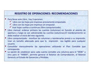  Para llevar este Libro , hay 3 opciones:
 Libro con las hojas pre-impresas previamente empastado.
 Libro con las hojas pre-impresas sin empastar.
Usar hojas sueltas o continuas (libro computarizado).
 Libro manual: ordenar primero las cuentas (columnas) en función al asiento de
apertura y luego se van adicionando las cuentas (columnas).El reordenamiento se
debe realizar al inicio del mes siguiente.
 Libro computarizado: movilizar las columnas y reordenarlas previo a su impresión.
Usar un tamaño adecuado para que la impresión sea legible para cualquier
usuario.
 Consolidar mensualmente las operaciones utilizando el Plan Contable que
corresponda.
 La opción de establecer para cada cuenta contable una columna para el “DEBE” y
otra para el “HABER”, permite generar el Balance de Comprobación, el Balance
General y el Estado de Ganancias y Pérdidas.
REGISTRO DE OPERACIONES: RECOMENDACIONES
LIBRO DIARIO DE FORMATO SIMPLIFICADO
 