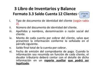 118
3 Libro de Inventarios y Balance
Formato 3.3 Saldo Cuenta 12 Clientes
i. Tipo de documento de identidad del cliente (según tabla
2).
ii. Número del documento de identidad del cliente.
iii. Apellidos y nombres, denominación o razón social del
cliente.
iv. Monto de cada cuenta por cobrar del cliente, salvo que
presenten la información conforme lo señalado en el
párrafo siguiente.
v. Saldo final total de la cuenta por cobrar.
vi. Fecha de emisión del comprobante de pago. Cuando la
información sea resumida en función de cada cliente, el
deudor tributario deberá contar con el detalle de dicha
información en un reporte auxiliar que podrá ser
legalizado.
¿Y la cta
13?
 