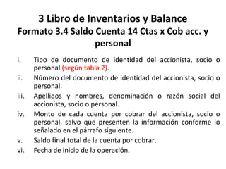 121
3 Libro de Inventarios y Balance
Formato 3.4 Saldo Cuenta 14 Ctas x Cob acc. y
personal
i. Tipo de documento de identidad del accionista, socio o
personal (según tabla 2).
ii. Número del documento de identidad del accionista, socio o
personal.
iii. Apellidos y nombres, denominación o razón social del
accionista, socio o personal.
iv. Monto de cada cuenta por cobrar del accionista, socio o
personal, salvo que presenten la información conforme lo
señalado en el párrafo siguiente.
v. Saldo final total de la cuenta por cobrar.
vi. Fecha de inicio de la operación.
 