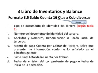 123
3 Libro de Inventarios y Balance
Formato 3.5 Saldo Cuenta 16 Ctas x Cob diversas
i. Tipo de documento de identidad del tercero (según tabla
2).
ii. Número del documento de identidad del tercero.
iii. Apellidos y Nombres, Denominación o Razón Social de
terceros.
iv. Monto de cada Cuenta por Cobrar del tercero, salvo que
presenten la información conforme lo señalado en el
párrafo siguiente.
v. Saldo Final Total de la Cuenta por Cobrar.
vi. Fecha de emisión del comprobante de pago o fecha de
inicio de la operación.
¿Y la cta 17?
 