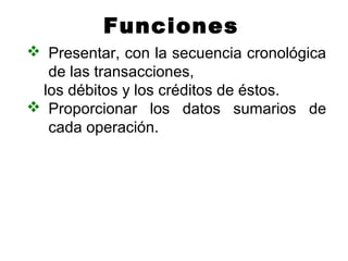  Presentar, con la secuencia cronológica
de las transacciones,
los débitos y los créditos de éstos.
 Proporcionar los datos sumarios de
cada operación.
Funciones
 