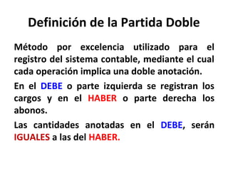 Método por excelencia utilizado para el
registro del sistema contable, mediante el cual
cada operación implica una doble anotación.
En el DEBE o parte izquierda se registran los
cargos y en el HABER o parte derecha los
abonos.
Las cantidades anotadas en el DEBE, serán
IGUALES a las del HABER.
Definición de la Partida Doble
 