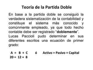 En base a la partida doble se consiguió la
verdadera sistematización de la contabilidad y
constituye el sistema más conocido y
comúnmente empleado, ya que todo hecho
contable debe ser registrado “doblemente”.
Lucas Paccioli pudo determinar en sus
diferentes escritos una ecuación de primer
grado:
Teoría de la Partida Doble
A = B + C ó Activo = Pasivo + Capital
20 = 12 + 8
 
