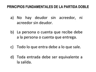 PRINCIPIOS FUNDAMENTALES DE LA PARTIDA DOBLE
a) No hay deudor sin acreedor, ni
acreedor sin deudor.
b) La persona o cuenta que recibe debe
a la persona o cuenta que entrega.
c) Todo lo que entra debe a lo que sale.
d) Toda entrada debe ser equivalente a
la salida.
 