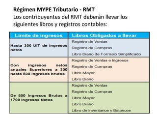 Régimen MYPE Tributario - RMT
Los contribuyentes del RMT deberán llevar los
siguientes libros y registros contables:
 