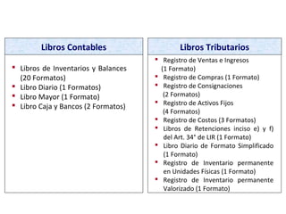 LIBROS Y REGISTROS CON FORMATOS
Libros Contables Libros Tributarios
 Registro de Ventas e Ingresos
(1 Formato)
 Registro de Compras (1 Formato)
 Registro de Consignaciones
(2 Formatos)
 Registro de Activos Fijos
(4 Formatos)
 Registro de Costos (3 Formatos)
 Libros de Retenciones inciso e) y f)
del Art. 34° de LIR (1 Formato)
 Libro Diario de Formato Simplificado
(1 Formato)
 Registro de Inventario permanente
en Unidades Físicas (1 Formato)
 Registro de Inventario permanente
Valorizado (1 Formato)
 Libros de Inventarios y Balances
(20 Formatos)
 Libro Diario (1 Formatos)
 Libro Mayor (1 Formato)
 Libro Caja y Bancos (2 Formatos)
 