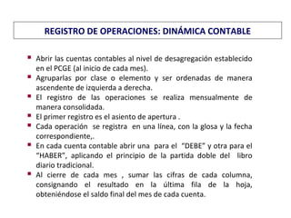  Abrir las cuentas contables al nivel de desagregación establecido
en el PCGE (al inicio de cada mes).
 Agruparlas por clase o elemento y ser ordenadas de manera
ascendente de izquierda a derecha.
 El registro de las operaciones se realiza mensualmente de
manera consolidada.
 El primer registro es el asiento de apertura .
 Cada operación se registra en una línea, con la glosa y la fecha
correspondiente,.
 En cada cuenta contable abrir una para el “DEBE” y otra para el
“HABER”, aplicando el principio de la partida doble del libro
diario tradicional.
 Al cierre de cada mes , sumar las cifras de cada columna,
consignando el resultado en la última fila de la hoja,
obteniéndose el saldo final del mes de cada cuenta.
REGISTRO DE OPERACIONES: DINÁMICA CONTABLE
LIBRO DIARIO DE FORMATO SIMPLIFICADO
 