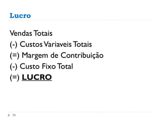Lucro

Vendas Totais
(-) Custos Variaveis Totais
(=) Margem de Contribuição
(-) Custo Fixo Total
(=) LUCRO



30
 