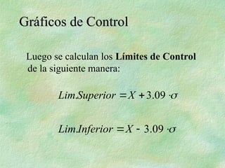 Luego se calculan los Límites de Control
de la siguiente manera:
Gráficos de Control
Gráficos de Control



 09
.
3
. X
Superior
Lim



 09
.
3
. X
Inferior
Lim
 