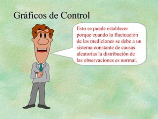 Esto se puede establecer
porque cuando la fluctuación
de las mediciones se debe a un
sistema constante de causas
aleatorias la distribución de
las observaciones es normal.
Gráficos de Control
Gráficos de Control
 