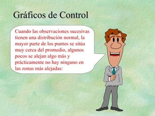 Cuando las observaciones sucesivas
tienen una distribución normal, la
mayor parte de los puntos se sitúa
muy cerca del promedio, algunos
pocos se alejan algo más y
prácticamente no hay ninguno en
las zonas más alejadas:
Gráficos de Control
Gráficos de Control
 