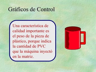 Gráficos de Control
Gráficos de Control
Una característica de
calidad importante es
el peso de la pieza de
plástico, porque indica
la cantidad de PVC
que la máquina inyectó
en la matriz.
 