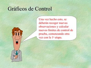 Una vez hecho esto, se
deberán recoger nuevas
observaciones y calcular
nuevos límites de control de
prueba, comenzando otra
vez con la 1a
etapa.
Gráficos de Control
Gráficos de Control
 
