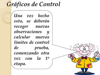 Una vez hecho
esto, se deberán
recoger nuevas
observaciones y
calcular nuevos
límites de control
de prueba,
comenzando otra
vez con la 1a
etapa.
Gráficos de Control
 