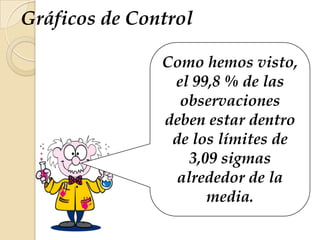 Gráficos de Control
Como hemos visto,
el 99,8 % de las
observaciones
deben estar dentro
de los límites de
3,09 sigmas
alrededor de la
media.
 