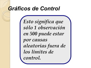 Gráficos de Control
Esto significa que
sólo 1 observación
en 500 puede estar
por causas
aleatorias fuera de
los límites de
control.
 