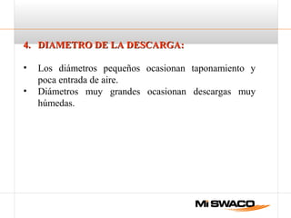 4.4. DIAMETRO DE LA DESCARGA:DIAMETRO DE LA DESCARGA:
• Los diámetros pequeños ocasionan taponamiento y
poca entrada de aire.
• Diámetros muy grandes ocasionan descargas muy
húmedas.
 