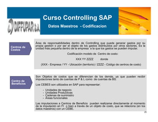Curso Controlling SAP
Datos Maestros - Codificacion
25
Área de responsabilidades dentro de Controlling que puede generar gastos por su
propia gestión o por ser el objeto de los gastos distribuidos por otros sectores. Es la
unidad más pequeña dentro de la empresa a la que los gastos se pueden imputar.
Codificación modelo de Centro de costo:
XXX YY ZZZZ donde
(XXX - Empresa / YY - Ubicación (territorio) / ZZZZ - Código de centros de costo)
Centros de
Costos
Son Objetos de costos que se diferencian de los demás, ya que pueden recibir
imputaciones tanto de cuentas de P & L como de cuentas de BS.
Los CEBES son utilizados en SAP para representar:
- Unidades de negocio
- Unidades Productivas
- Cadenas de suministro
- Áreas funcionales
Las imputaciones a Centros de Beneficio pueden realizarse directamente al momento
de la imputación en FI o bien a través de un objeto de costo, que se relaciona (en los
datos maestros) con un CEBE.
Centro de
Beneficios
 