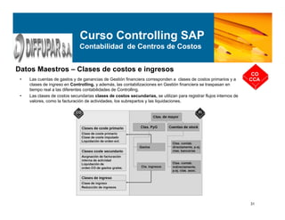 31
Datos Maestros – Clases de costos e ingresos
CO
CCA
Curso Controlling SAP
Contabilidad de Centros de Costos
• Las cuentas de gastos y de ganancias de Gestión financiera corresponden a clases de costos primarios y a
clases de ingreso en Controlling, y además, las contabilizaciones en Gestión financiera se traspasan en
tiempo real a las diferentes contabilidades de Controlling.
• Las clases de costos secundarias clases de costos secundarias, se utilizan para registrar flujos internos de
valores, como la facturación de actividades, los subrepartos y las liquidaciones.
 