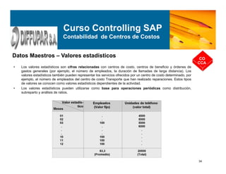34
Datos Maestros – Valores estadísticos CO
CCA
Curso Controlling SAP
Contabilidad de Centros de Costos
• Los valores estadísticos son cifras relacionadas con centros de costo, centros de beneficio y órdenes de
gastos generales (por ejemplo, el número de empleados, la duración de llamadas de larga distancia). Los
valores estadísticos también pueden representar los servicios ofrecidos por un centro de costo determinado, por
ejemplo, el número de empleados del centro de costo Transporte que han realizado reparaciones. Estos tipos
de valores se conocen como valores estadísticos dependientes de la actividad.
• Los valores estadísticos pueden utilizarse como base para operaciones periódicas como distribución,
subreparto y análisis de ratios.
 