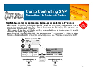 43
Contabilizaciones de corrección: Traspaso de partidas individuales
CO
CCA
Curso Controlling SAP
Contabilidad de Centros de Costos
• El traspaso de partidas individuales permite corregir las contabilizaciones primarias que se
asignaron a cuentas erróneas. Para ello, el documento de Controlling debe contener una
referencia al documento de FI original.
• El traspaso de partidas individuales conlleva una anulación en el objeto emisor. Es posible
introducir más de un objeto receptor.
• El traspaso de partidas individuales crea documentos de Controlling que, a diferencia de los
traspasos de costos basados en eventos, siempre contienen una referencia al documento de FI.
 