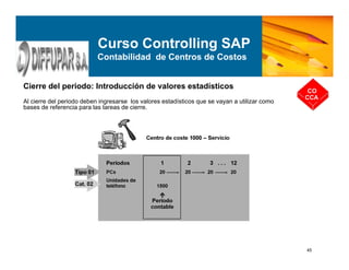 45
Cierre del periodo: Introducción de valores estadísticos
CO
CCA
Curso Controlling SAP
Contabilidad de Centros de Costos
Al cierre del periodo deben ingresarse los valores estadísticos que se vayan a utilizar como
bases de referencia para las tareas de cierre.
 