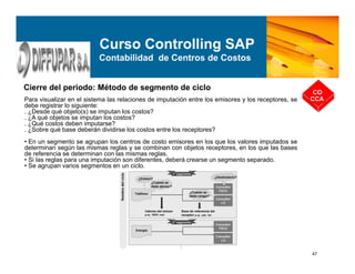 47
Cierre del periodo: Método de segmento de ciclo
CO
CCA
Curso Controlling SAP
Contabilidad de Centros de Costos
Para visualizar en el sistema las relaciones de imputación entre los emisores y los receptores, se
debe registrar lo siguiente:
. ¿Desde qué objeto(s) se imputan los costos?
. ¿A qué objetos se imputan los costos?
. ¿Qué costos deben imputarse?
. ¿Sobre qué base deberán dividirse los costos entre los receptores?
• En un segmento se agrupan los centros de costo emisores en los que los valores imputados se
determinan según las mismas reglas y se combinan con objetos receptores, en los que las bases
de referencia se determinan con las mismas reglas.
• Si las reglas para una imputación son diferentes, deberá crearse un segmento separado.
• Se agrupan varios segmentos en un ciclo.
 
