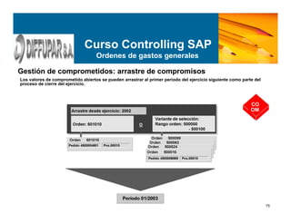 75
Curso Controlling SAP
Ordenes de gastos generales
Gestión de comprometidos: arrastre de compromisos
Los valores de comprometido abiertos se pueden arrastrar al primer período del ejercicio siguiente como parte del
proceso de cierre del ejercicio.
CO
OM
 