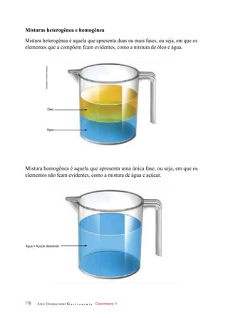 Misturas heterogênea e homogênea
Mistura heterogênea é aquela que apresenta duas ou mais fases, ou seja, em que os
elementos que a compõem fcam evidentes, como a mistura de óleo e água.
Mistura homogênea é aquela que apresenta uma única fase, ou seja, em que os
elementos não fcam evidentes, como a mistura de água e açúcar.
Arco Ocupacional G a s t r o n o m i a Cozinheiro 1
Água + Açúcar dissolvido
116
Ilustrações:©HudsonCalasans
Óleo
Água
 