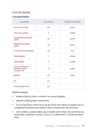 Cozinheiro 1
Livro de receitas
Consommé básico
Modo de preparo:
• misture a carne às claras, ao tomate e ao mirepoix gelados;
• adicione o fundo gelado e misture bem;
• leve ao fogo baixo e deixe ferver até que forme uma espécie de tampão (que é a
coagulação da proteína, que ajudará a reter as impurezas). Pare de mexer;
• com cuidado, e apenas depois que o tampão estiver frme, faça um buraco na
lateral dele e adicione o sachet d’ épices e a cebola brûlé. Cozinhe por mais 1
hora;
Arco Ocupacional G a s t r o n o m i a 123
Ingrediente Quantidade Unidade de medida
Carne bovina moída 250 grama
Clara de ovo gelada 3 unidade
Tomate Débora concassé
gelado
85 grama
Mirepoix em brunoise
gelado
125 grama
Fundo claro de aves gelado 1,20 litro
Sachet d’épices 1 unidade
Cebola brûlée ½ unidade
Cenoura cortada em
brunoise e cozida
em água e sal
10 grama
Étamine 0,5 metro
Sal q.b.
Pimenta-preta em pó q.b
 