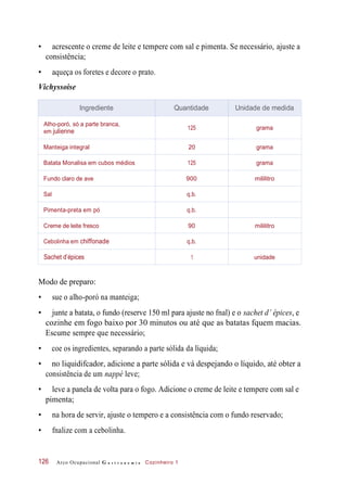 • acrescente o creme de leite e tempere com sal e pimenta. Se necessário, ajuste a
consistência;
• aqueça os foretes e decore o prato.
Vichyssoise
Modo de preparo:
• sue o alho-poró na manteiga;
• junte a batata, o fundo (reserve 150 ml para ajuste no fnal) e o sachet d’ épices, e
cozinhe em fogo baixo por 30 minutos ou até que as batatas fquem macias.
Escume sempre que necessário;
• coe os ingredientes, separando a parte sólida da líquida;
• no liquidifcador, adicione a parte sólida e vá despejando o líquido, até obter a
consistência de um nappé leve;
• leve a panela de volta para o fogo. Adicione o creme de leite e tempere com sal e
pimenta;
• na hora de servir, ajuste o tempero e a consistência com o fundo reservado;
• fnalize com a cebolinha.
Arco Ocupacional G a s t r o n o m i a Cozinheiro 1126
Ingrediente Quantidade Unidade de medida
Alho-poró, só a parte branca,
em julienne
125 grama
Manteiga integral 20 grama
Batata Monalisa em cubos médios 125 grama
Fundo claro de ave 900 mililitro
Sal q.b.
Pimenta-preta em pó q.b.
Creme de leite fresco 90 mililitro
Cebolinha em chiffonade q.b.
Sachet d’épices 1 unidade
 