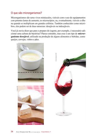 O que são microrganismos?
Microrganismos são seres vivos minúsculos, visíveis com o uso de equipamentos
com potentes lentes de aumento, os microscópios, ou, eventualmente, visíveis a olho
nu quando se multiplicam em grandes colônias. Também conhecidos como micró-
bios, eles podem ser de duas naturezas: desejáveis ou indesejáveis.
Você já ouviu dizer que para o preparo do iogurte, por exemplo, é necessário adi-
cionar uma cultura de bactérias? Parece estranho, mas esse é um tipo de micror-
ganismo desejável, utilizado na produção de alguns alimentos e bebidas, como
queijos, cervejas, vinhos e pães.
Arco Ocupacional G a s t r o n o m i a Cozinheiro 154
©AdrinShamsudin/123RF
©RaulTaborda/123RF©Jirkaejc/123RF
 