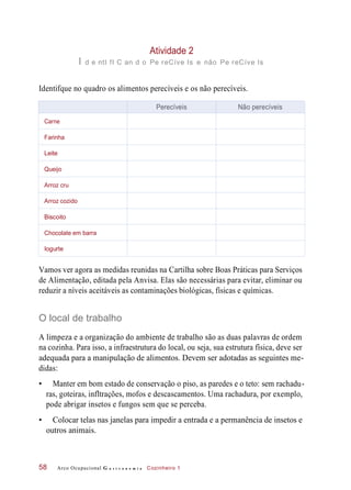 Atividade 2
I d e ntI fI C an d o Pe reCíve Is e não Pe reCíve Is
Identifque no quadro os alimentos perecíveis e os não perecíveis.
Vamos ver agora as medidas reunidas na Cartilha sobre Boas Práticas para Serviços
de Alimentação, editada pela Anvisa. Elas são necessárias para evitar, eliminar ou
reduzir a níveis aceitáveis as contaminações biológicas, físicas e químicas.
O local de trabalho
A limpeza e a organização do ambiente de trabalho são as duas palavras de ordem
na cozinha. Para isso, a infraestrutura do local, ou seja, sua estrutura física, deve ser
adequada para a manipulação de alimentos. Devem ser adotadas as seguintes me-
didas:
• Manter em bom estado de conservação o piso, as paredes e o teto: sem rachadu-
ras, goteiras, infltrações, mofos e descascamentos. Uma rachadura, por exemplo,
pode abrigar insetos e fungos sem que se perceba.
• Colocar telas nas janelas para impedir a entrada e a permanência de insetos e
outros animais.
Arco Ocupacional G a s t r o n o m i a Cozinheiro 158
Perecíveis Não perecíveis
Carne
Farinha
Leite
Queijo
Arroz cru
Arroz cozido
Biscoito
Chocolate em barra
Iogurte
 