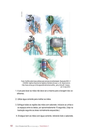 Fonte: Cartilha sobre boas práticas para serviços de alimentação. Resolução-RDC n
216/2004. Agência Nacional de Vigilância Sanitária (Anvisa), p. 26. Disponível em:
<http://www.anvisa.gov.br/divulga/public/alimentos/cartilha_ gicra_final.pdf>. Acesso
em: 9 maio 2012.
1. A pia para lavar as mãos não deve ser a mesma para a lavagem dos va-
silhames.
2. Utilize água corrente para molhar as mãos.
3. Esfregue todas as regiões das mãos com sabonete, inclusive as unhas e
os espaços entre os dedos, por aproximadamente 15 segundos. (Veja na
ilustração seguinte as áreas normalmente esquecidas.)
4. Enxágue bem as mãos com água corrente, retirando todo o sabonete.
Arco Ocupacional G a s t r o n o m i a Cozinheiro 162
ANTIS-
SÉPTICO
o
HudsonCalasans
 