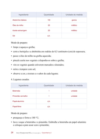 Modo de preparo:
• limpe e aqueça a grelha;
• corte a berinjela e a abobrinha em rodelas de 0,5 centímetro (cm) de espessura;
• passe o óleo de milho na grelha aquecida;
• pincele azeite nos vegetais e disponha-os sobre a grelha;
• vire os vegetais quando estiverem marcados e dourados;
• retire e tempere com sal;
• observe a cor, a textura e o sabor de cada legume.
4. Legumes assados
Modo de preparo:
• preaqueça o forno a 180 °C;
• lave e seque a beterraba e o pimentão. Embrulhe a beterraba em papel-alumínio
e coloque-a para assar com o pimentão;
Arco Ocupacional G a s t r o n o m i a Cozinheiro 224
Ingrediente Quantidade Unidade de medida
Abobrinha italiana 100 grama
Óleo de milho 20 mililitro
Azeite extravirgem 20 mililitro
Sal q.b.
Ingrediente Quantidade Unidade de medida
Beterraba 1 unidade
Pimentão vermelho 1 unidade
Papel-alumínio q.b.
Papel-filme q.b.
 