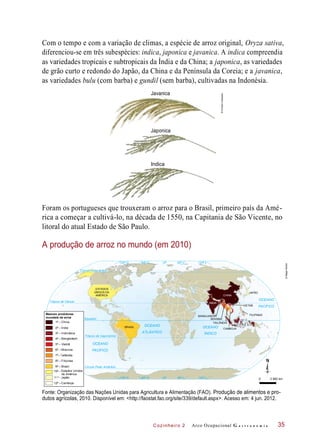10º –-
4º –
Cozinheiro 2
Com o tempo e com a variação de climas, a espécie de arroz original, Oryza sativa,
diferenciou-se em três subespécies: indica, japonica e javanica. A indica compreendia
as variedades tropicais e subtropicais da Índia e da China; a japonica, as variedades
de grão curto e redondo do Japão, da China e da Península da Coreia; e a javanica,
as variedades bulu (com barba) e gundil (sem barba), cultivadas na Indonésia.
Foram os portugueses que trouxeram o arroz para o Brasil, primeiro país da Amé-
rica a começar a cultivá-lo, na década de 1550, na Capitania de São Vicente, no
litoral do atual Estado de São Paulo.
A produção de arroz no mundo (em 2010)
Círculo Polar Ártico
Trópico de Câncer
Maiores produtores
mundiais de arroz BANGLADESH
MIANMA
TAILÂNDIA
I N D O N É S I A
- Bangladesh
Trópico de Capricórnio
Círculo Polar Antártico
Estados Unidos
da América
Fonte: Organização das Nações Unidas para Agricultura e Alimentação (FAO). Produção de alimentos e pro-
dutos agrícolas, 2010. Disponível em: <http://faostat.fao.org/site/339/default.aspx>. Acesso em: 4 jun. 2012.
Arco Ocupacional G a s t r o n o m i a 35
Javanica
Japonica
Indica
Equador
OCEANO
ATLÂNTICO
OCEANO
PACÍFICO
OCEANO
PACÍFICO
OCEANO
ÍNDICO
0º 60º L 120º L120º O 60º O
0º 60º L 120º L120º O 60º O
BRASIL
CHINA
FILIPINAS
JAPÃO
VIETNÃ
CAMBOJA
ESTADOS
UNIDOS DA
AMÉRICA
ÍNDIA
1º –- China
2º –- Índia
3º –- Indonésia
5º – Vietnã-
6º –- Mianma
7º- – Tailândia
8º –- Filipinas
9º –- Brasil
11 º –- Japão
12º –- Camboja
0 2 862 km
©HudsonCalasans
©MapsWorld
 