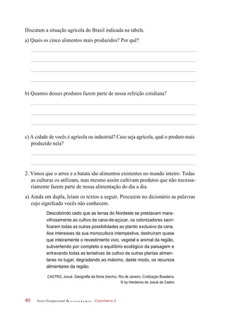 Discutam a situação agrícola do Brasil indicada na tabela.
a) Quais os cinco alimentos mais produzidos? Por quê?
b) Quantos desses produtos fazem parte de nossa refeição cotidiana?
c) A cidade de vocês é agrícola ou industrial? Caso seja agrícola, qual o produto mais
produzido nela?
2. Vimos que o arroz e a batata são alimentos existentes no mundo inteiro. Todas
as culturas os utilizam, mas mesmo assim cultivam produtos que não necessa-
riamente fazem parte de nossa alimentação do dia a dia.
a) Ainda em dupla, leiam os textos a seguir. Procurem no dicionário as palavras
cujo signifcado vocês não conhecem.
Descobrindo cedo que as terras do Nordeste se prestavam mara-
vilhosamente ao cultivo da cana-de-açúcar, os colonizadores sacri-
ficaram todas as outras possibilidades ao plantio exclusivo da cana.
Aos interesses da sua monocultura intempestiva, destruíram quase
que inteiramente o revestimento vivo, vegetal e animal da região,
subvertendo por completo o equilíbrio ecológico da paisagem e
entravando todas as tentativas de cultivo de outras plantas alimen-
tares no lugar, degradando ao máximo, deste modo, os recursos
alimentares da região.
CASTRO, Josué. Geografia da fome (trecho). Rio de Janeiro: Civilização Brasileira.
© by Herdeiros de Josué de Castro
Arco Ocupacional G a s t r o n o m i a Cozinheiro 240
 