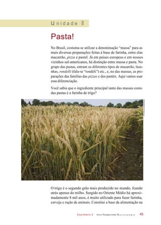 Cozinheiro 2
u n i d a d e 8
Pasta!
No Brasil, costuma-se utilizar a denominação “massa” para as
mais diversas preparações feitas à base de farinha, entre elas
macarrão, pizza e pastel. Já em países europeus e em nossos
vizinhos sul-americanos, há distinção entre massa e pasta. No
grupo das pastas, entram os diferentes tipos de macarrão, lasa-
nhas, rondelli (fala-se “rondéli”) etc., e, no das massas, as pre-
parações das famílias das pizzas e dos pastéis. Aqui vamos usar
essa diferenciação.
Você sabia que o ingrediente principal tanto das massas como
das pastas é a farinha de trigo?
O trigo é o segundo grão mais produzido no mundo, fcando
atrás apenas do milho. Surgido no Oriente Médio há aproxi-
madamente 8 mil anos, é muito utilizado para fazer farinha,
cerveja e ração de animais. Constitui a base da alimentação na
Arco Ocupacional G a s t r o n o m i a 45
©FLPA/DavidHosking/Easypix
 