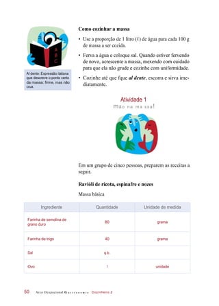 Como cozinhar a massa
• Use a proporção de 1 litro (ℓ) de água para cada 100 g
de massa a ser cozida.
• Ferva a água e coloque sal. Quando estiver fervendo
de novo, acrescente a massa, mexendo com cuidado
para que ela não grude e cozinhe com uniformidade.
Al dente: Expressão italiana
que descreve o ponto certo
da massa: firme, mas não
crua.
• Cozinhe até que fque al dente, escorra e sirva ime-
diatamente.
Atividade 1
mão na m a ssa!
Em um grupo de cinco pessoas, preparem as receitas a
seguir.
Ravióli de ricota, espinafre e nozes
Massa básica
Arco Ocupacional G a s t r o n o m i a Cozinheiro 250
Ingrediente Quantidade Unidade de medida
Farinha de semolina de
grano duro
80 grama
Farinha de trigo 40 grama
Sal q.b.
Ovo 1 unidade
 