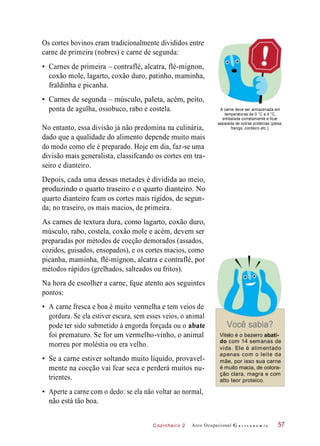 Cozinheiro 2
Os cortes bovinos eram tradicionalmente divididos entre
carne de primeira (nobres) e carne de segunda:
• Carnes de primeira – contraflé, alcatra, flé-mignon,
coxão mole, lagarto, coxão duro, patinho, maminha,
fraldinha e picanha.
• Carnes de segunda – músculo, paleta, acém, peito,
ponta de agulha, ossobuco, rabo e costela.
No entanto, essa divisão já não predomina na culinária,
dado que a qualidade do alimento depende muito mais
do modo como ele é preparado. Hoje em dia, faz-se uma
divisão mais generalista, classifcando os cortes em tra-
seiro e dianteiro.
A carne deve ser armazenada em
temperaturas de 0 °C a 4 °C,
embalada corretamente e ficar
separada de outras proteínas (peixe,
frango, cordeiro etc.).
Depois, cada uma dessas metades é dividida ao meio,
produzindo o quarto traseiro e o quarto dianteiro. No
quarto dianteiro fcam os cortes mais rígidos, de segun-
da; no traseiro, os mais macios, de primeira.
As carnes de textura dura, como lagarto, coxão duro,
músculo, rabo, costela, coxão mole e acém, devem ser
preparadas por métodos de cocção demorados (assados,
cozidos, guisados, ensopados), e os cortes macios, como
picanha, maminha, flé-mignon, alcatra e contraflé, por
métodos rápidos (grelhados, salteados ou fritos).
Na hora de escolher a carne, fque atento aos seguintes
pontos:
• A carne fresca e boa é muito vermelha e tem veios de
gordura. Se ela estiver escura, sem esses veios, o animal
pode ter sido submetido à engorda forçada ou o abate
foi prematuro. Se for um vermelho-vinho, o animal
morreu por moléstia ou era velho.
• Se a carne estiver soltando muito líquido, provavel-
mente na cocção vai fcar seca e perderá muitos nu-
trientes.
Você sabia?
Vitelo é o bezerro abati-
do com 14 semanas de
vida. Ele é alimentado
apenas com o leite da
mãe, por isso sua carne
é muito macia, de colora-
ção clara, magra e com
alto teor proteico.
• Aperte a carne com o dedo: se ela não voltar ao normal,
não está tão boa.
Arco Ocupacional G a s t r o n o m i a 57
 