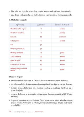 • frite o flé por imersão na gordura vegetal hidrogenada, até que fque dourado;
• caso doure e não cozinhe por dentro, termine o cozimento no forno preaquecido.
5. Medalhão bardeado
Modo de preparo:
• bardeie os medalhões com as fatias de bacon e amarre-os com o barbante;
• cozinhe as cebolas descascadas em água salgada até que fquem macias. Reserve;
• tempere os medalhões com sal e pimenta e salteie na manteiga clarifcada até o
ponto desejado;
• retire-os do fogo e, se necessário, coloque-os no forno preaquecido a 160 °C para
fnalizar;
• deglaceie a sauteuse com o vinho do Porto, acrescente o aceto, o fundo de carne
e deixe reduzir. Acrescente as cebolas, monte com a manteiga integral e sirva com
o medalhão.
Arco Ocupacional G a s t r o n o m i a Cozinheiro 270
Ingrediente Quantidade Unidade de medida
Medalhão de filé-mignon 2 unidade
Bacon em fatias finas 3 unidade
Barbante 50 centímetro
Cebola-pérola 6 unidade
Sal q.b.
Pimenta-preta em pó q.b.
Manteiga clarificada 10 grama
Aceto balsâmico 30 mililitro
Vinho do Porto 50 mililitro
Fundo escuro de carne 60 mililitro
Manteiga integral sem sal
gelada
20 grama
 